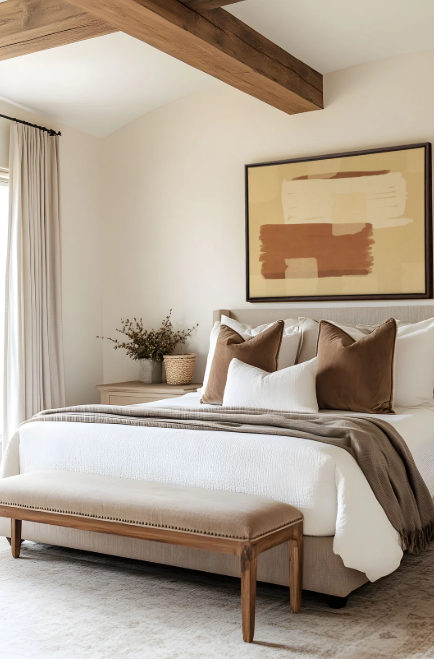 Cozy bedroom with queen-size bed, upholstered headboard, and bedside tables