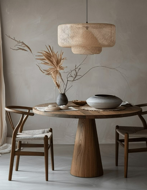 Modern dining room with wooden table and upholstered chairs