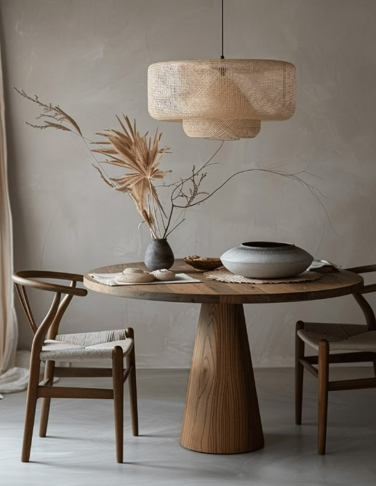 Modern dining room with wooden table and upholstered chairs