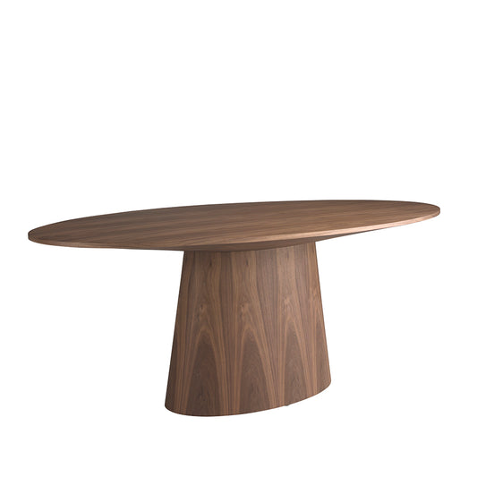 Oval dining table in walnut veneered wood.