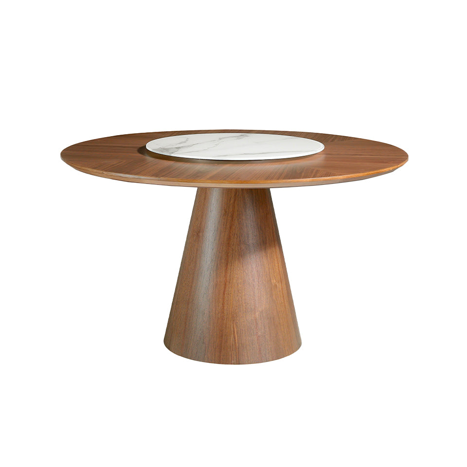 Round walnut wood dining table and porcelain turntable