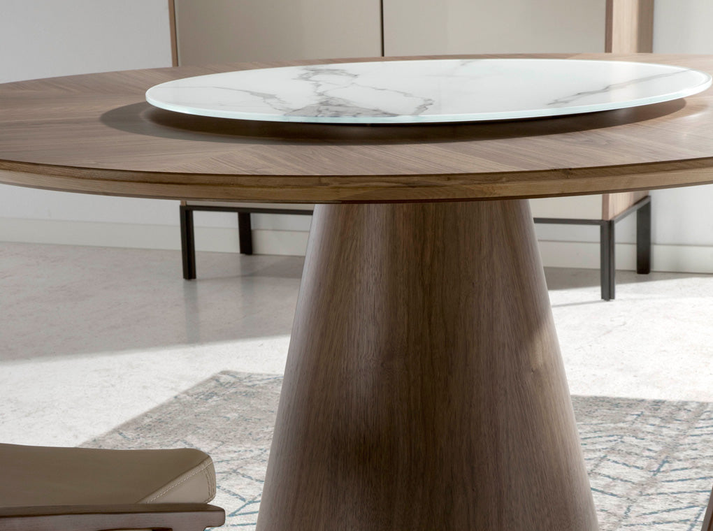 Round walnut wood dining table and porcelain turntable