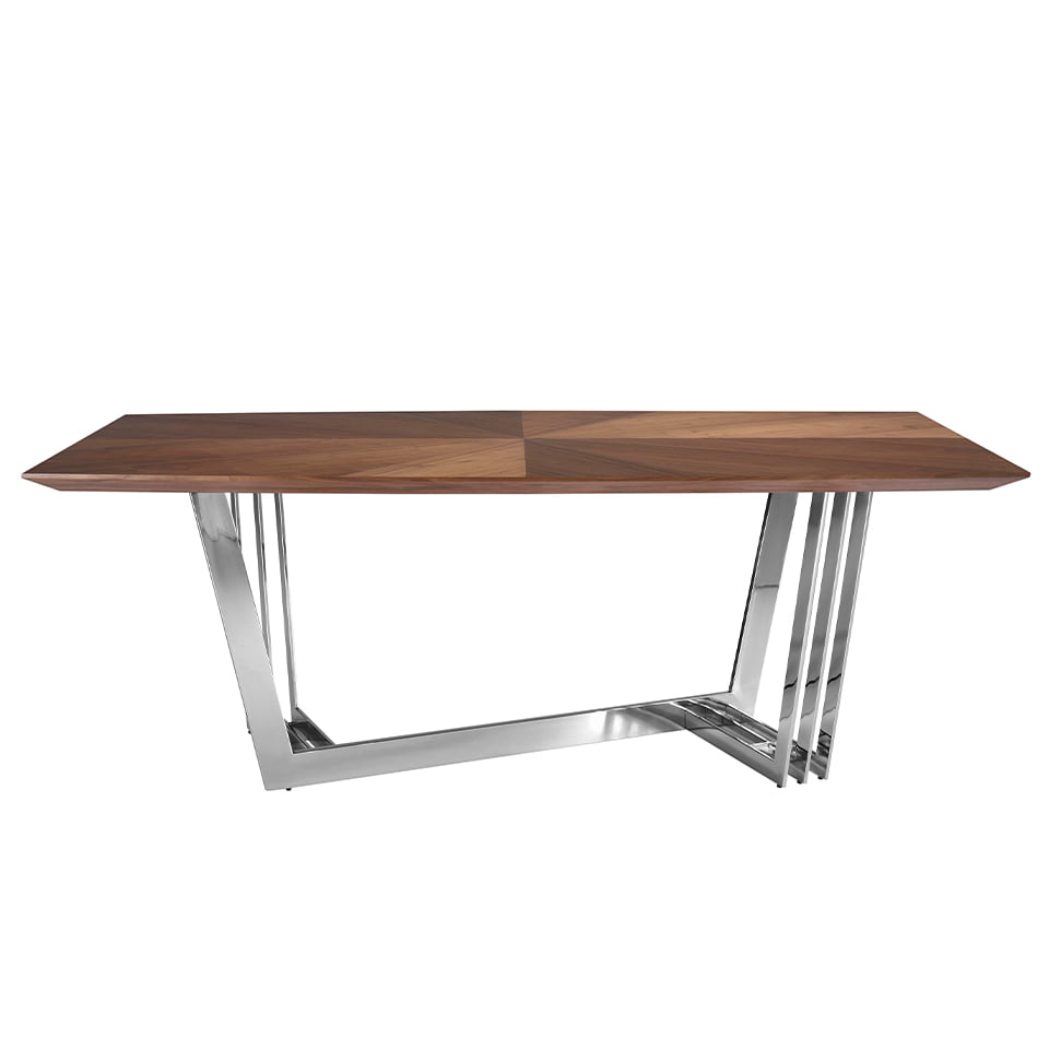 Dining table in walnut wood and chrome-plated steel