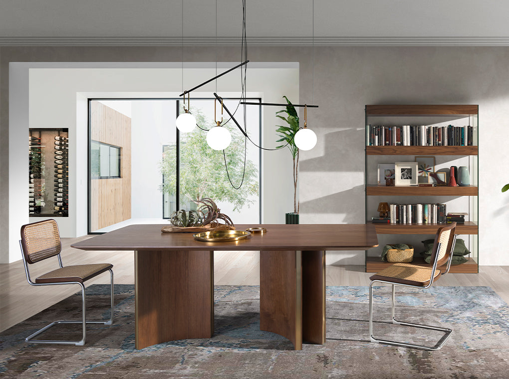 Rectangular dining table in walnut and golden steel