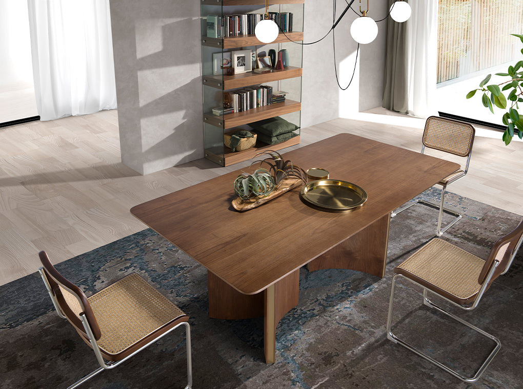 Rectangular dining table in walnut and golden steel