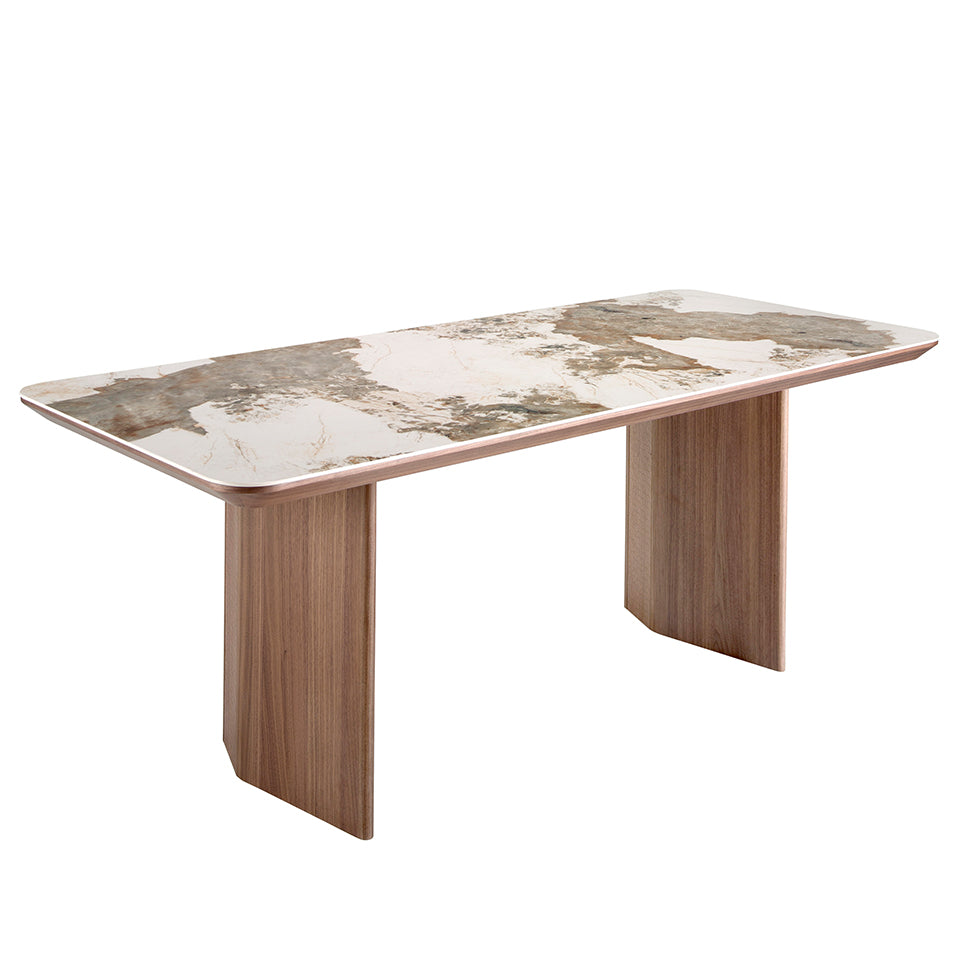 Rectangular porcelain marble and walnut dining table