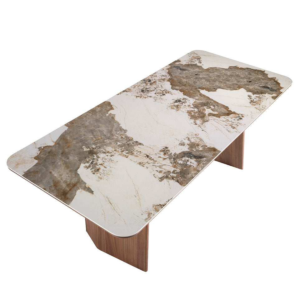 Rectangular porcelain marble and walnut dining table