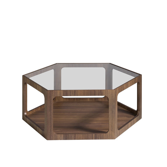 Hexagonal coffee table in Walnut wood and tempered glass