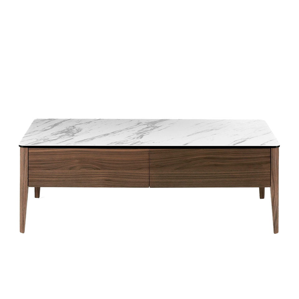 Porcelain and Walnut wood coffee table with drawers