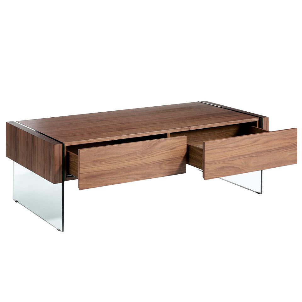 Walnut wood coffee table and tempered glass