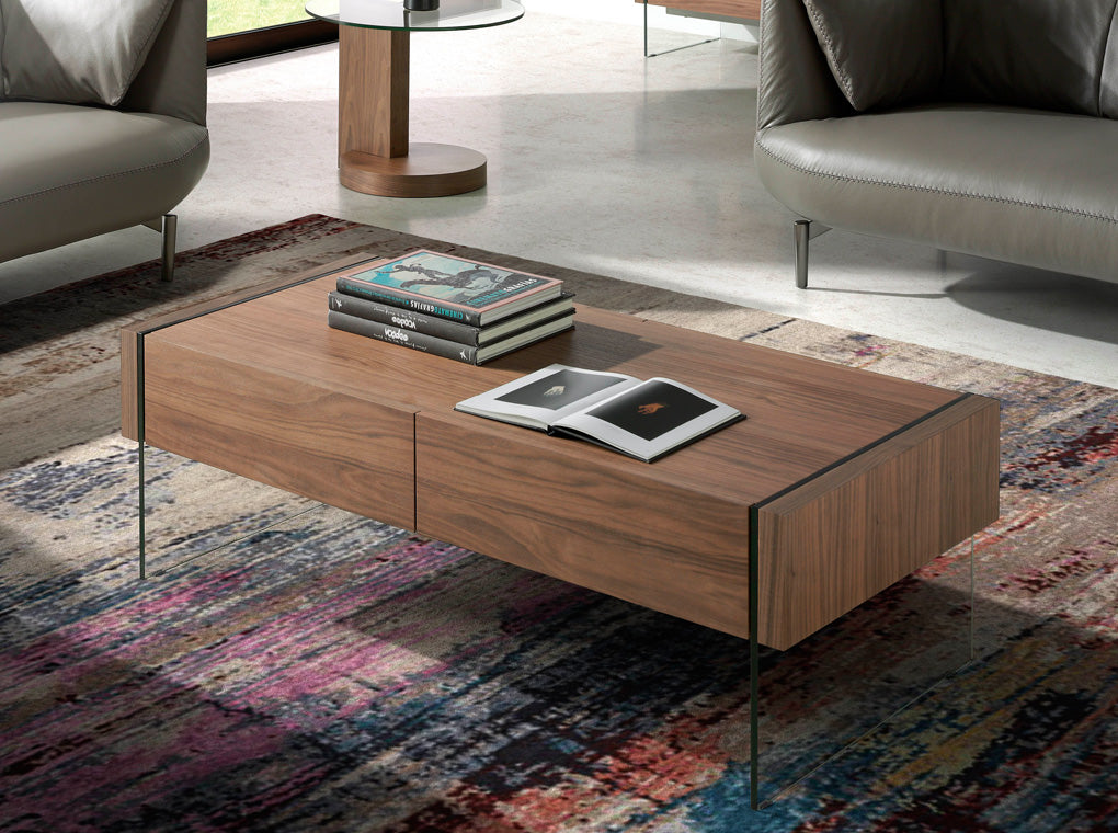 Walnut wood coffee table and tempered glass