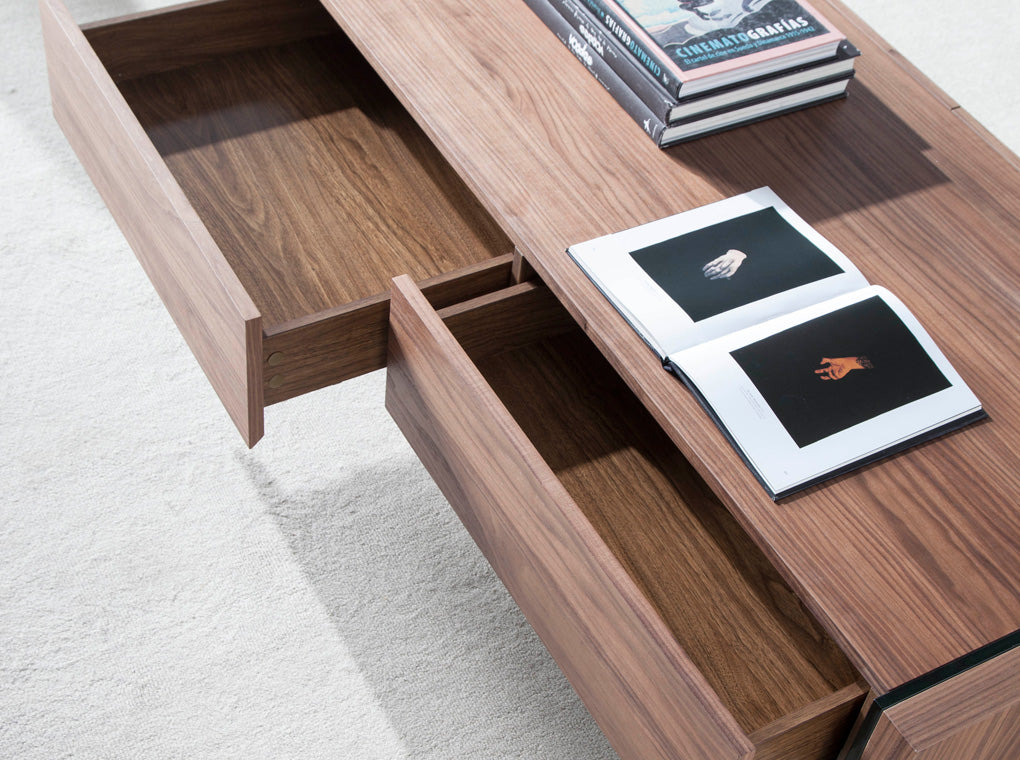 Walnut wood coffee table and tempered glass