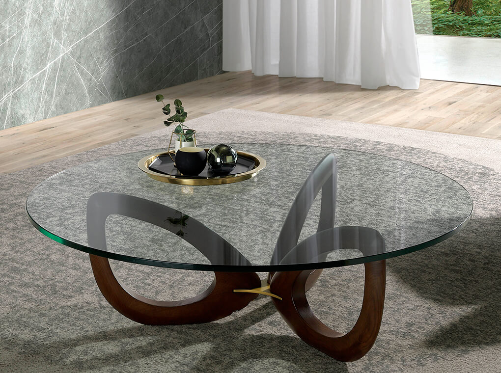 Walnut wood and tempered glass coffee table