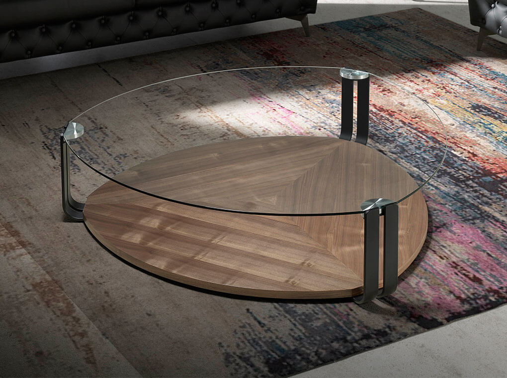 Walnut wood and tempered glass coffee table