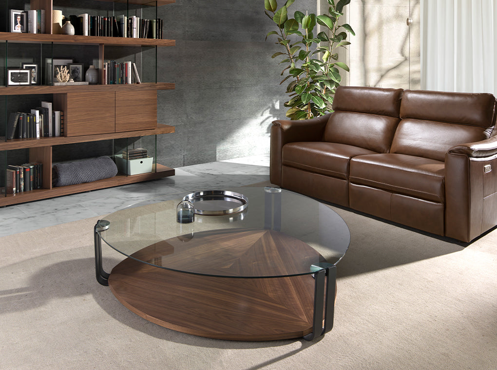 Walnut wood and tempered glass coffee table