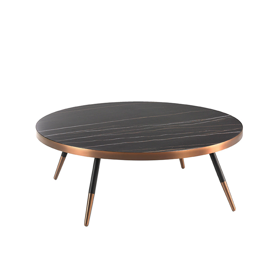 Porcelain black marble and steel round coffee table with bronze-colored chrome bath.