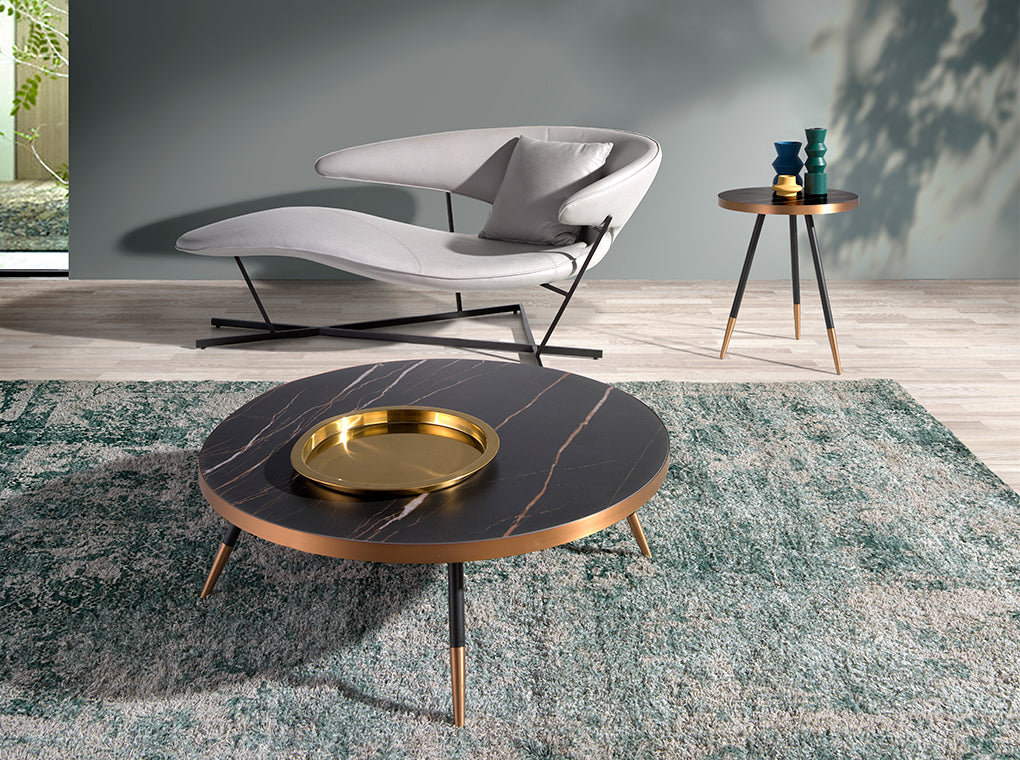 Porcelain black marble and steel round coffee table with bronze-colored chrome bath.