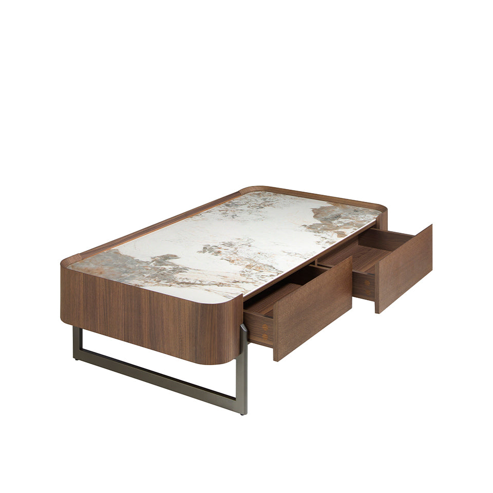 Rectangular coffee table in porcelain marble, walnut and dark metallic steel