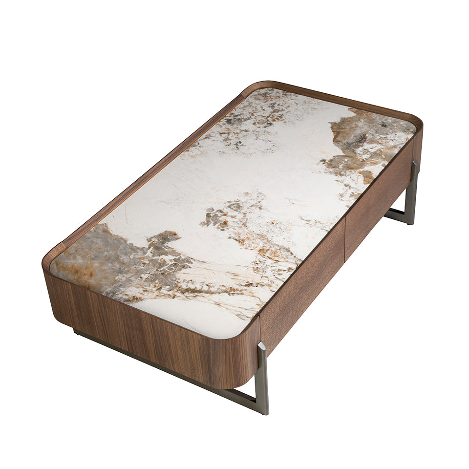 Rectangular coffee table in porcelain marble, walnut and dark metallic steel