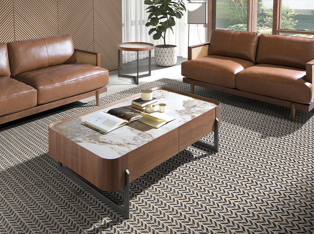 Rectangular coffee table in porcelain marble, walnut and dark metallic steel