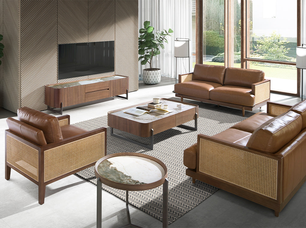 Rectangular coffee table in porcelain marble, walnut and dark metallic steel