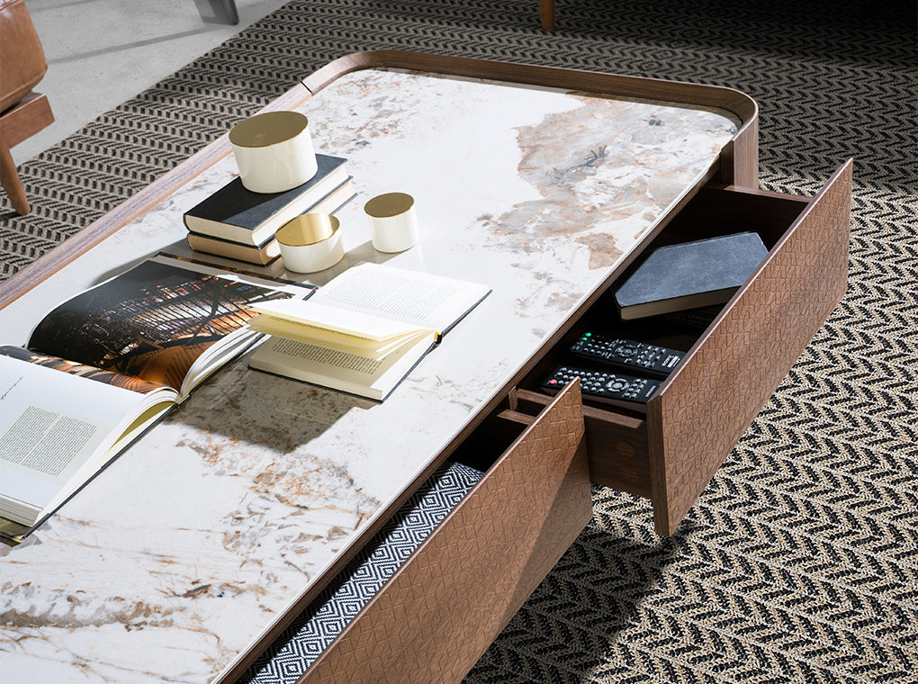 Rectangular coffee table in porcelain marble, walnut and dark metallic steel