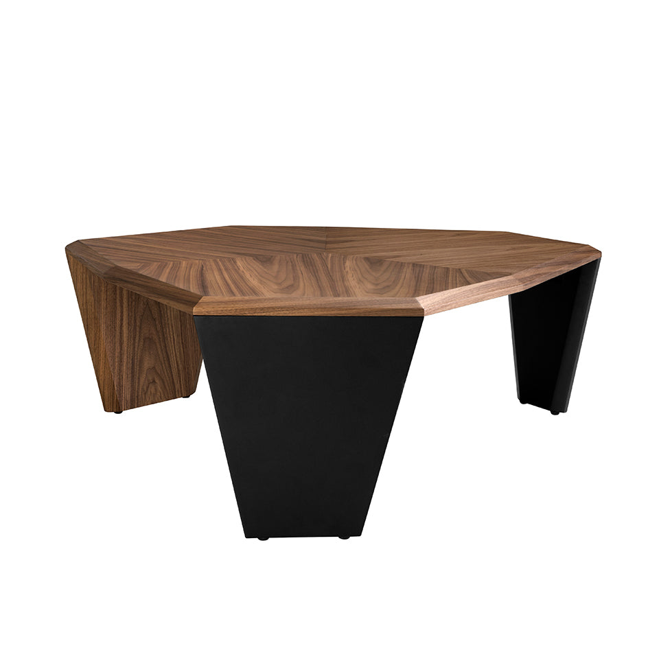 Asymmetrical walnut and black pvc coffee table