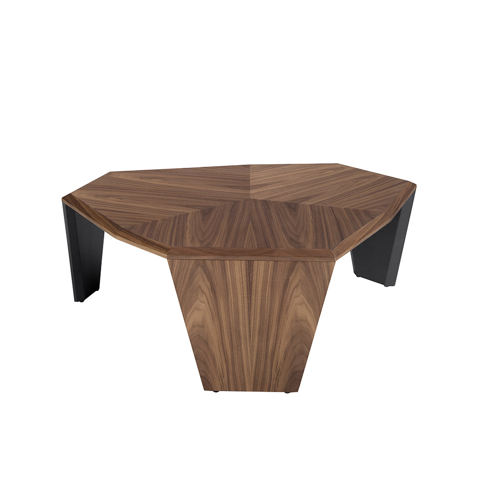 Asymmetrical walnut and black pvc coffee table