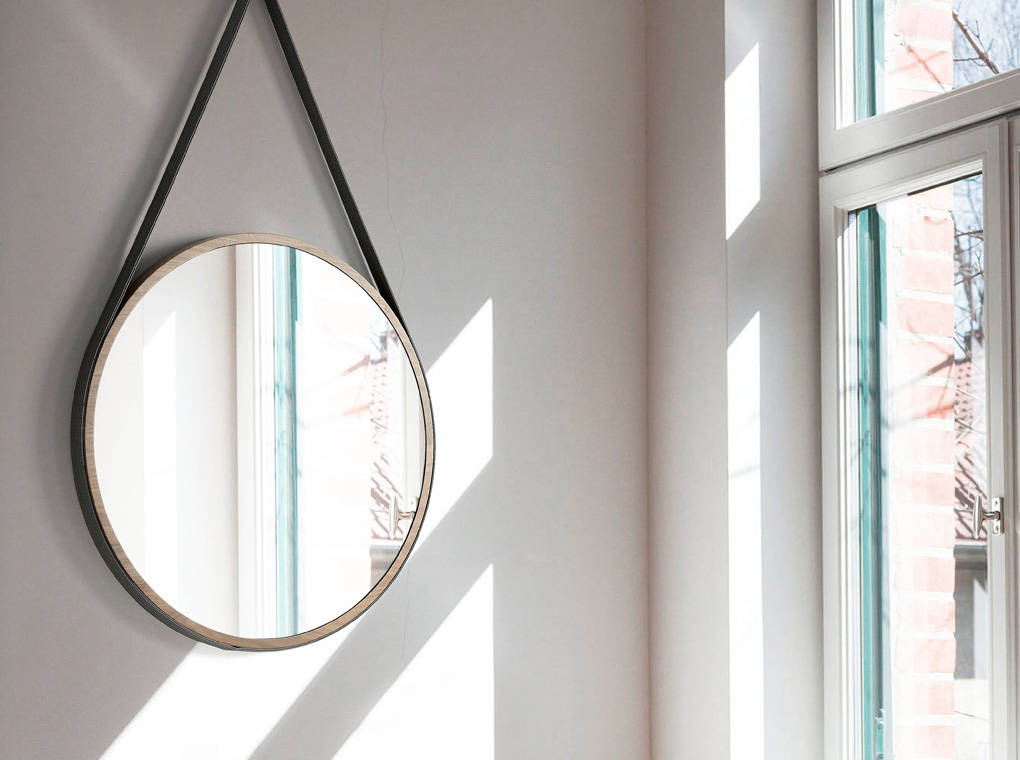 Walnut wood circular hanging mirror