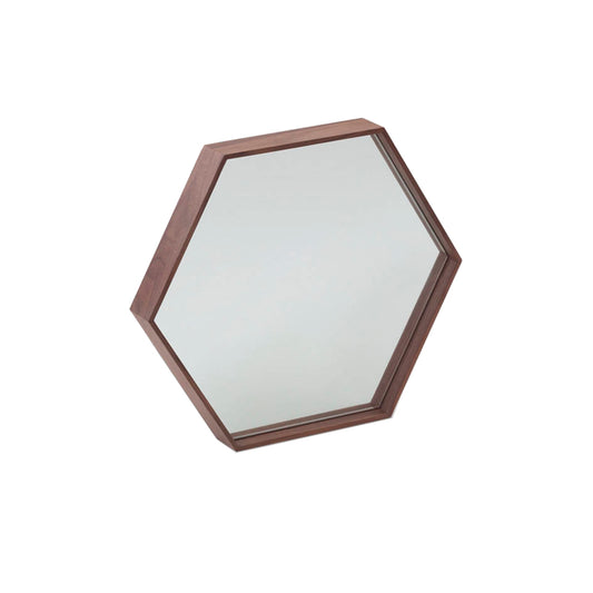 Walnut wood frame hexagonal mirror