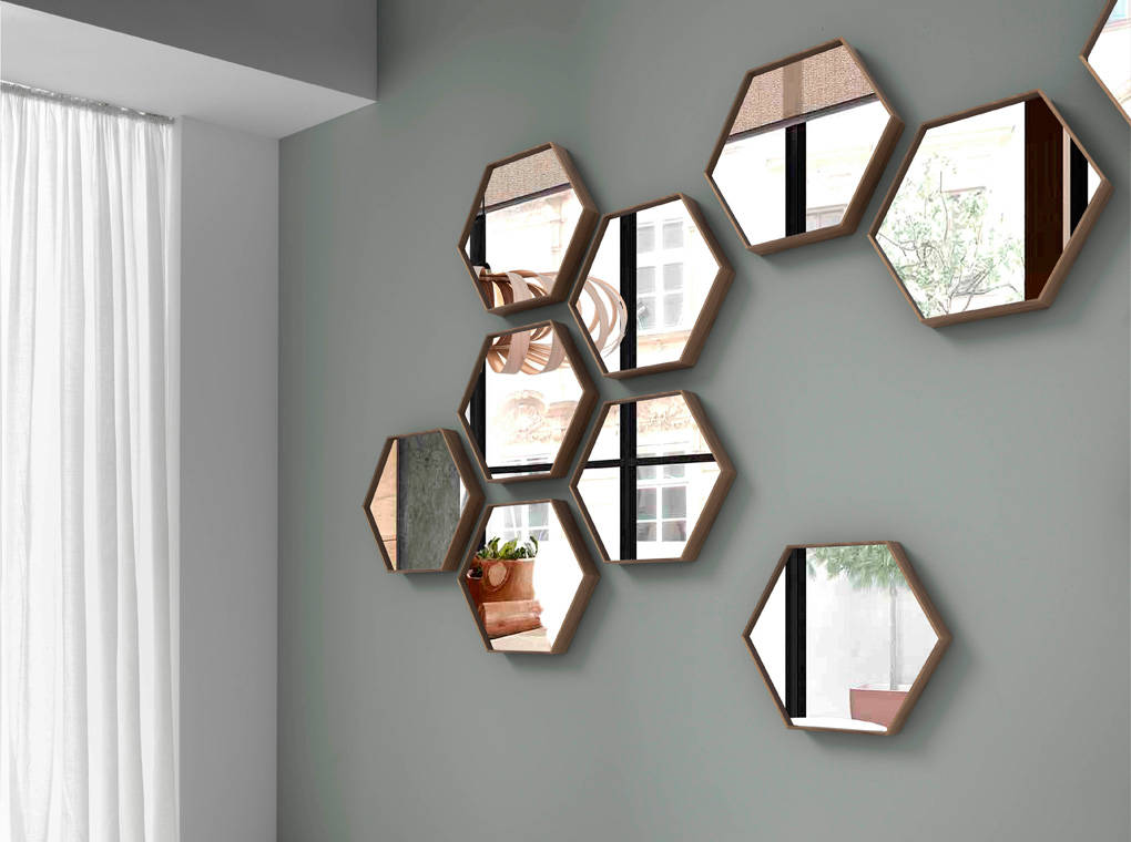 Walnut wood frame hexagonal mirror