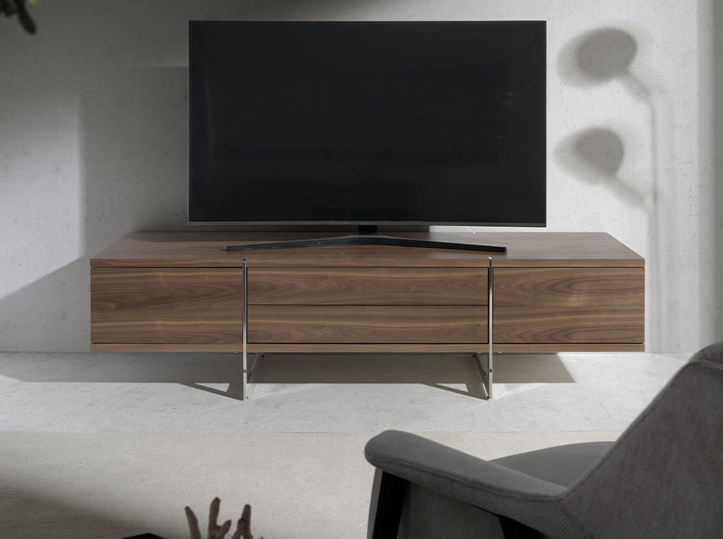 Walnut wood and chromed steel TV cabinet