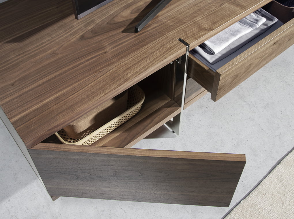 Walnut wood and chromed steel TV cabinet