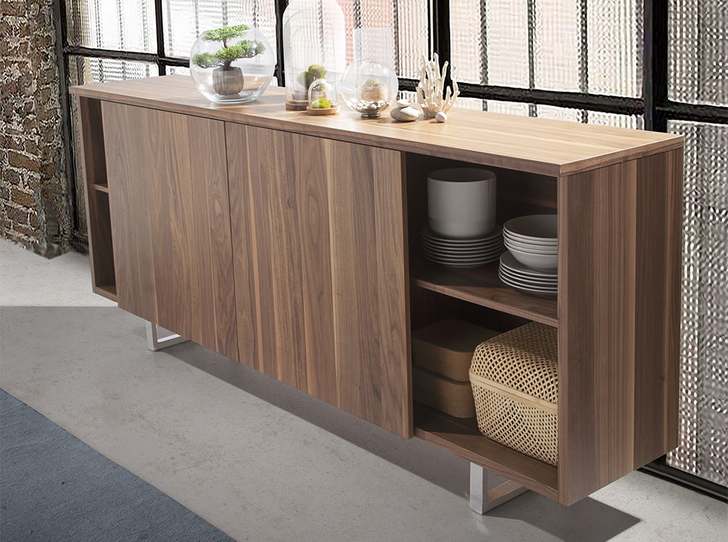 Walnut wood and chrome steel sideboard