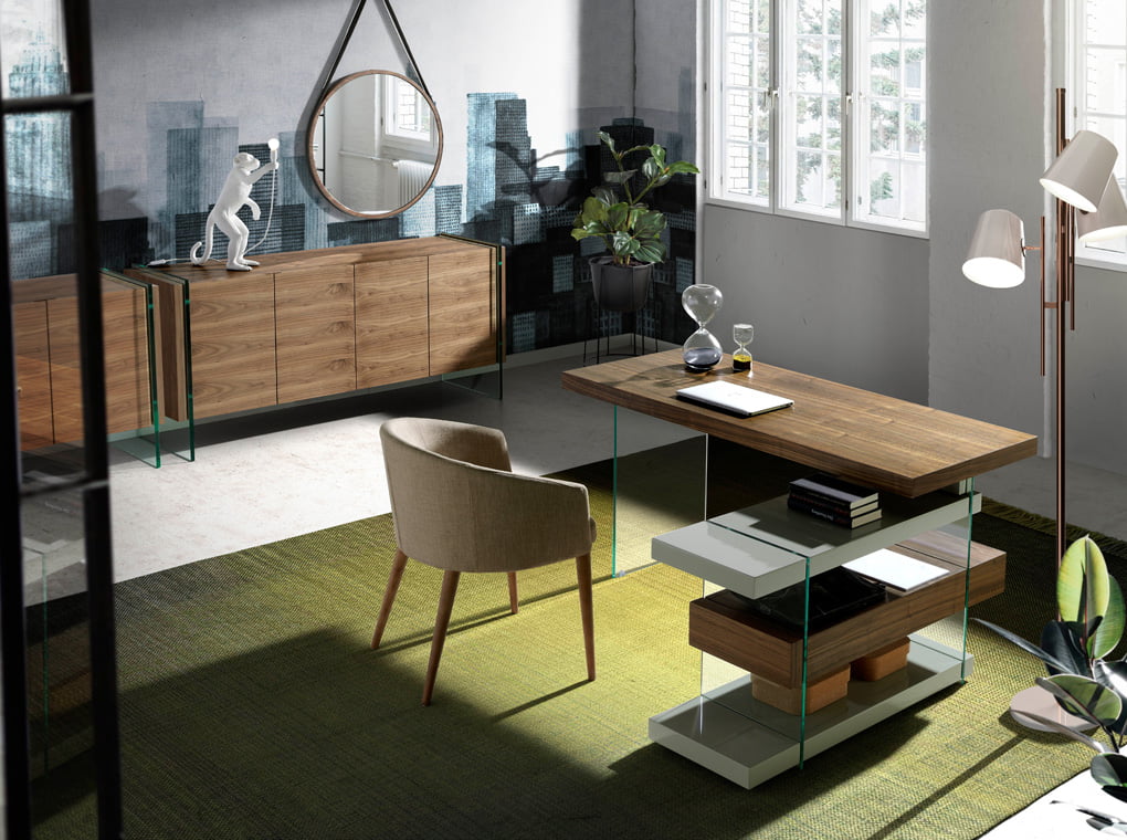 Walnut wood sideboard and tempered glass