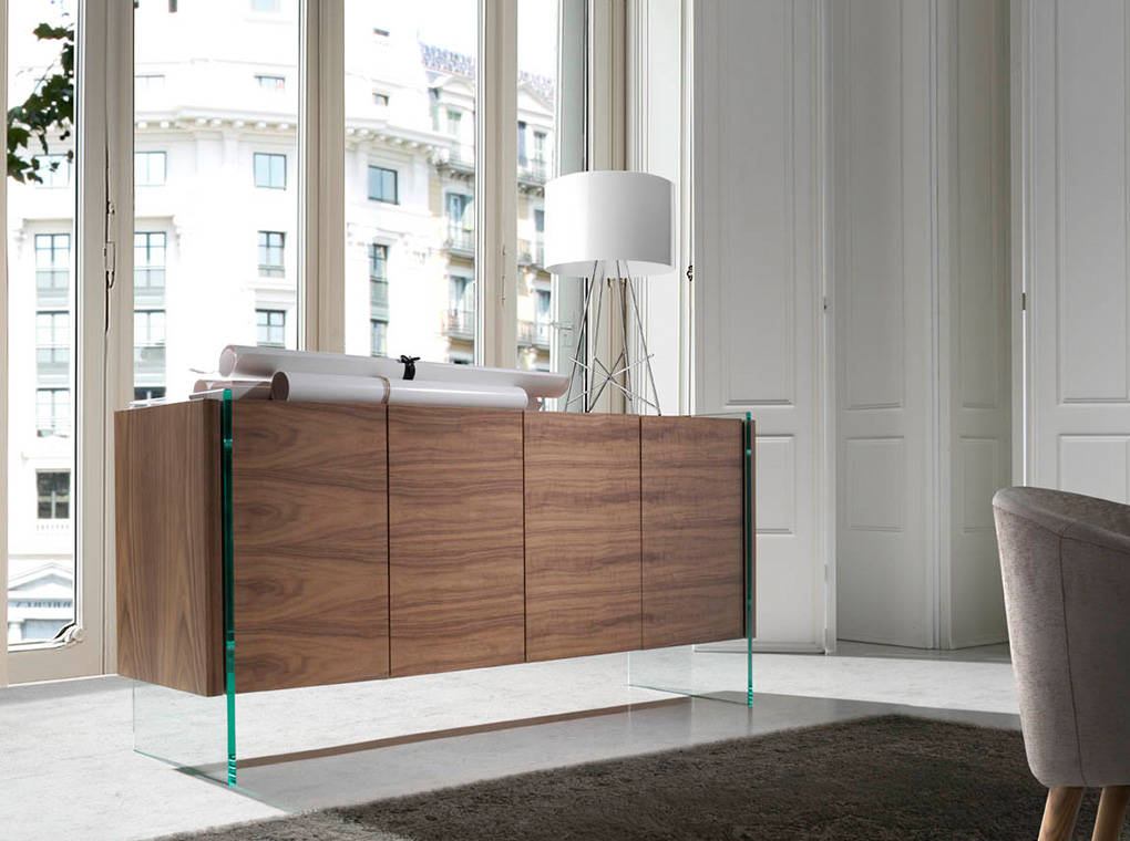 Walnut wood sideboard and tempered glass