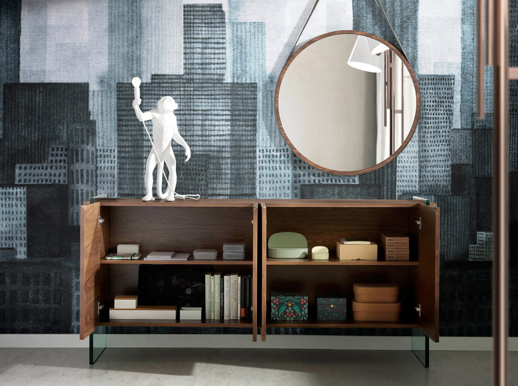 Walnut wood sideboard and tempered glass