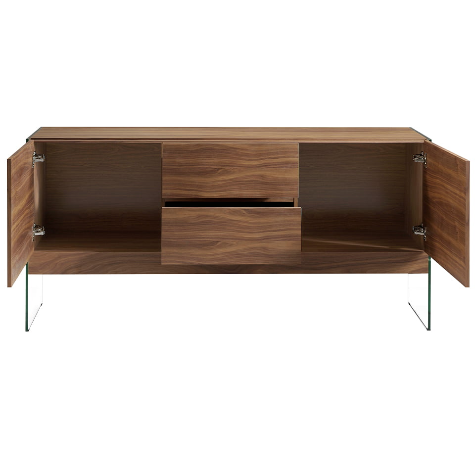 Walnut wood sideboard and tempered glass