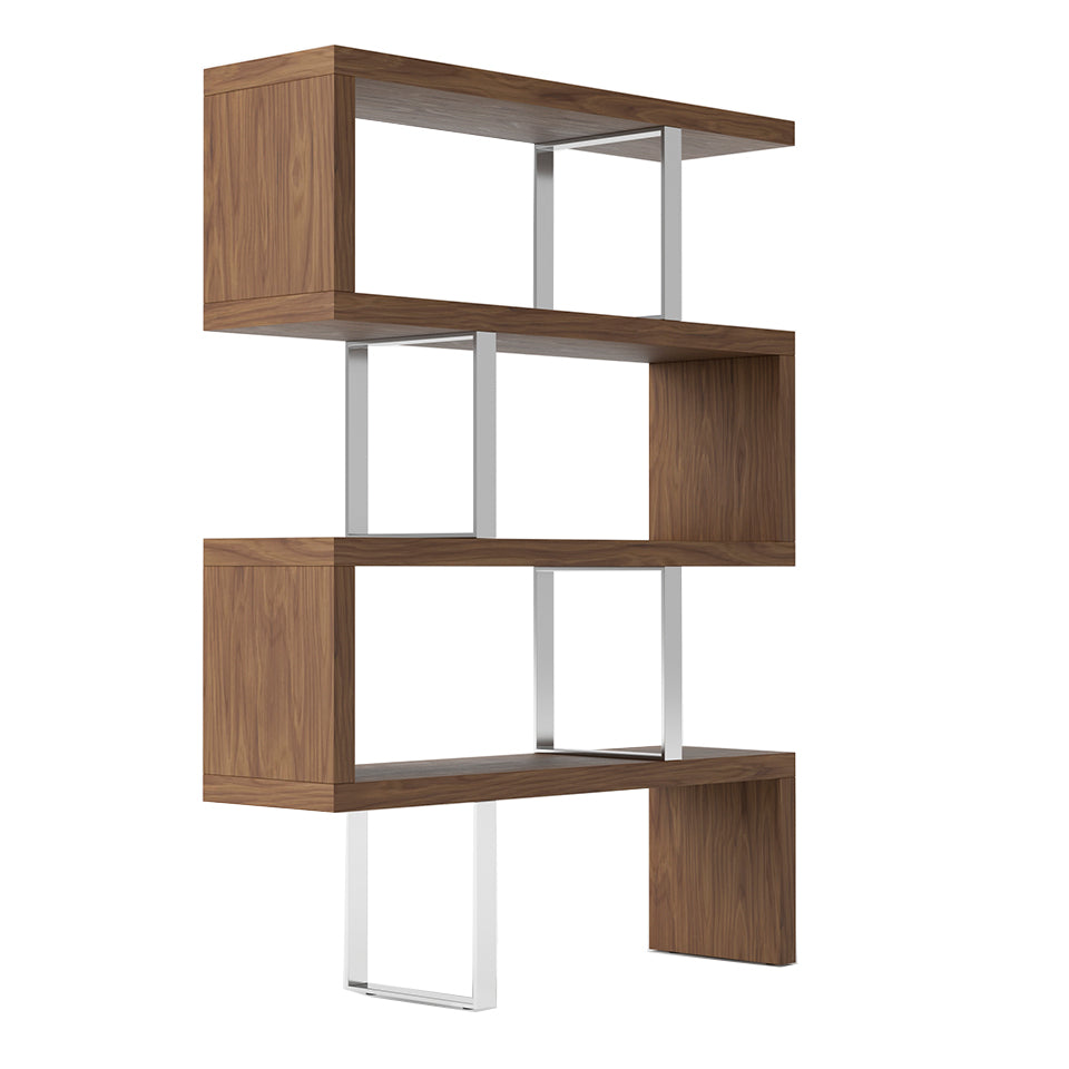 Walnut colored wooden shelf and chrome steel