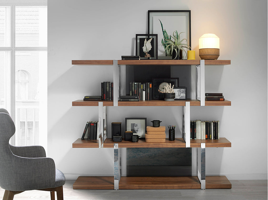 Walnut wood shelf and black translucent glass