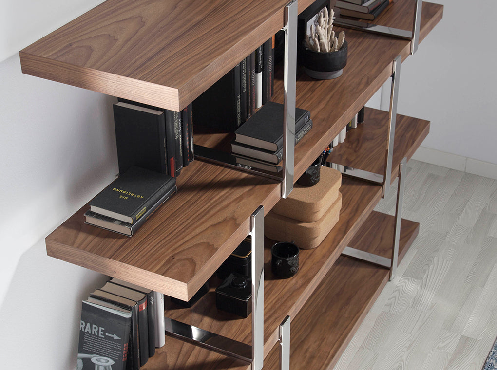 Walnut wood shelf and black translucent glass