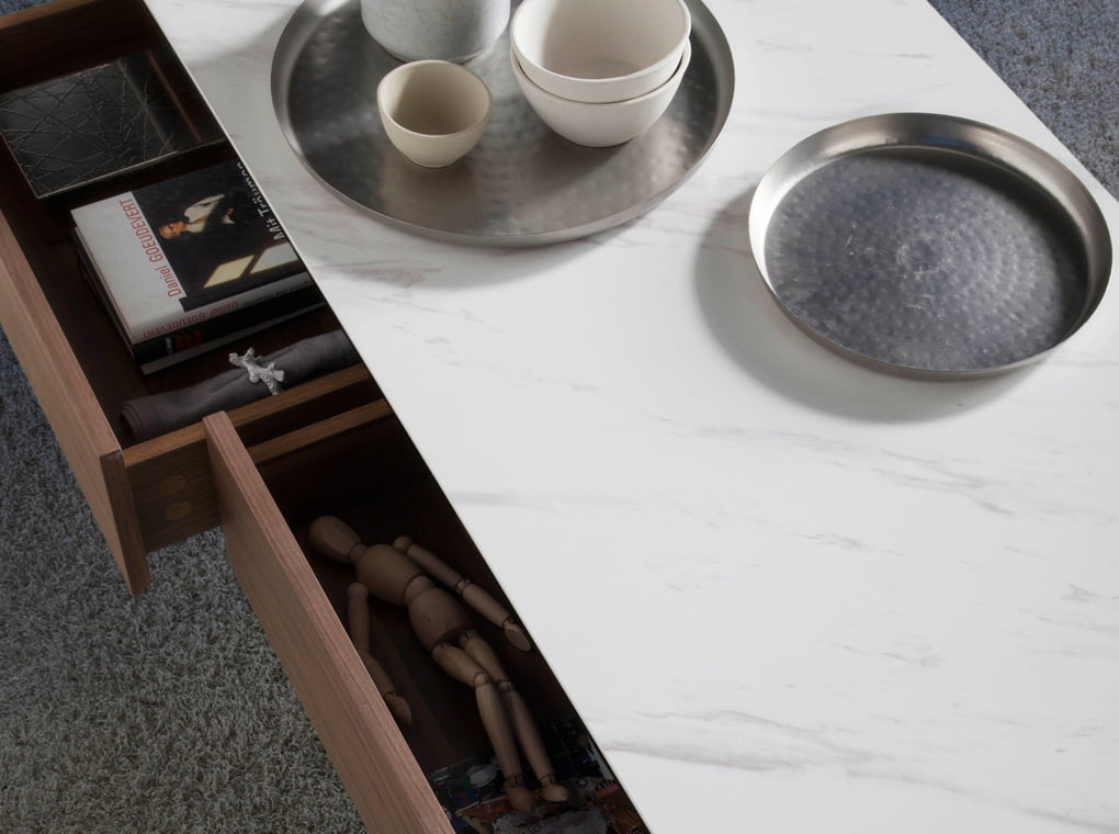 Porcelain and Walnut wood coffee table with drawers