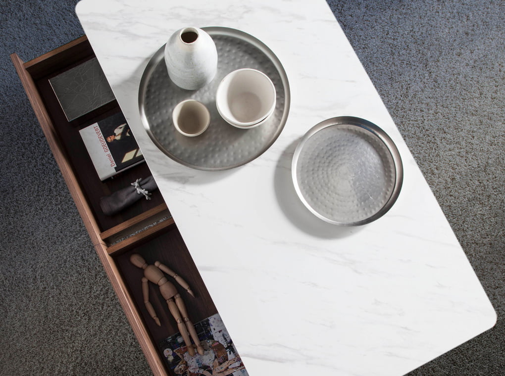 Porcelain and Walnut wood coffee table with drawers