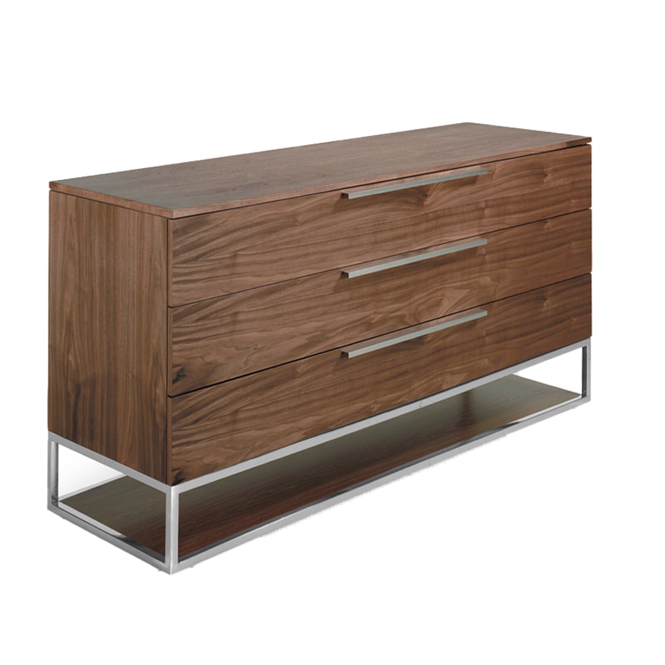 Chest of drawers in walnut wood and chrome-plated steel