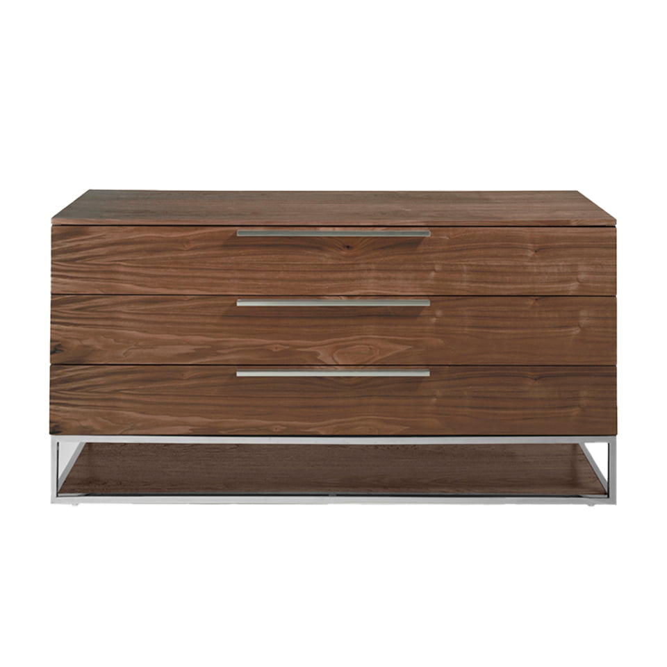 Chest of drawers in walnut wood and chrome-plated steel