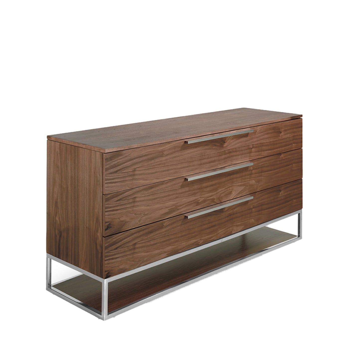 Chest of drawers in walnut wood and chrome-plated steel