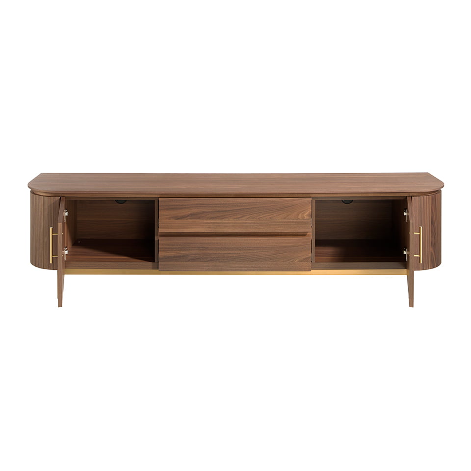 TV stand in walnut wood and golden stainless steel