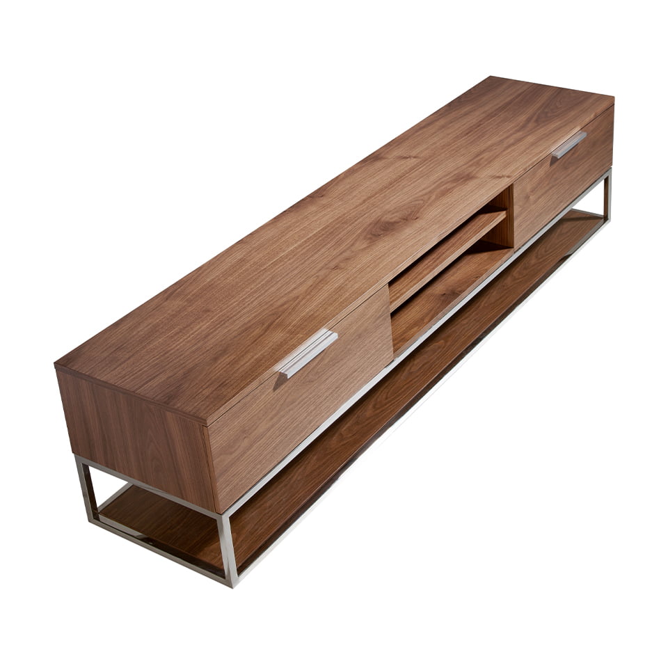 TV stand in walnut wood and chrome-plated steel