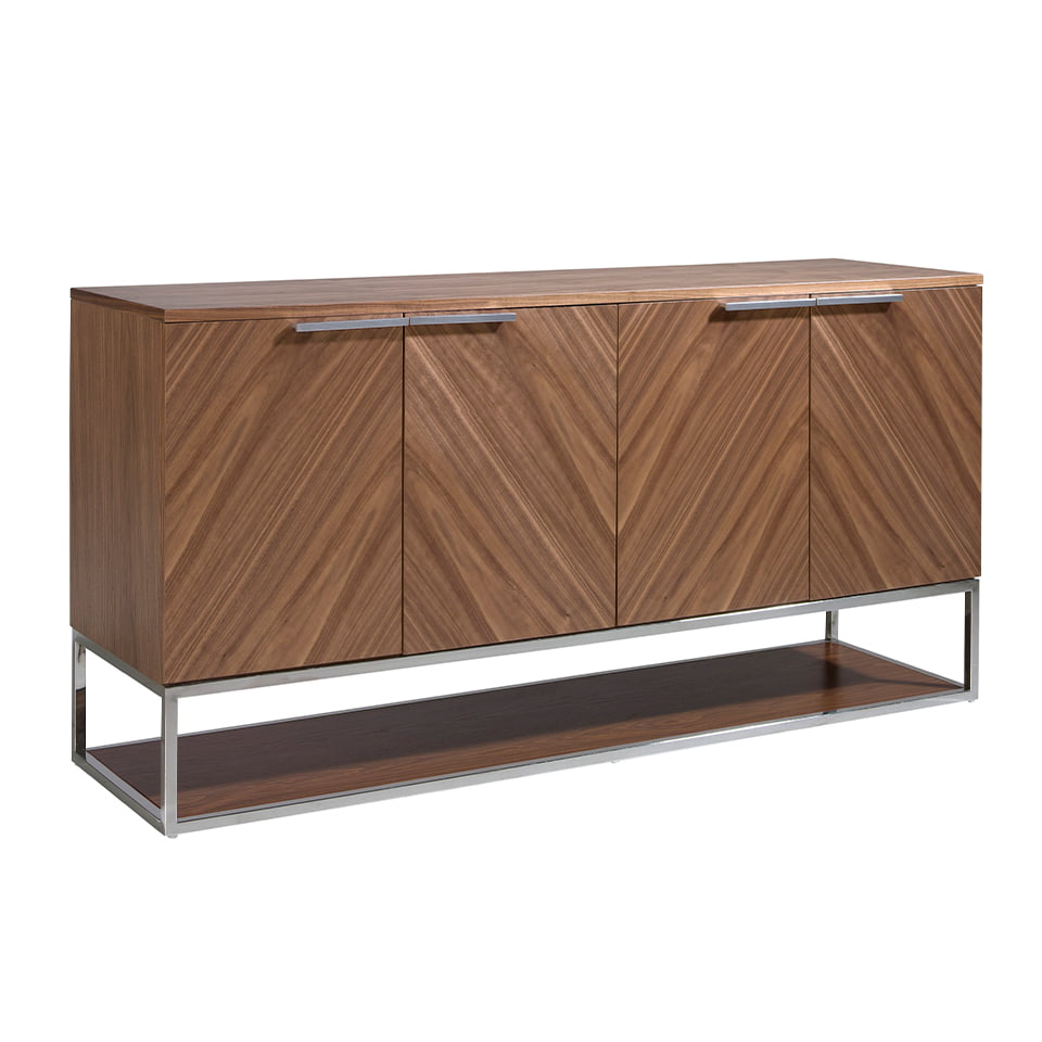 Walnut wood and chromed steel sideboard