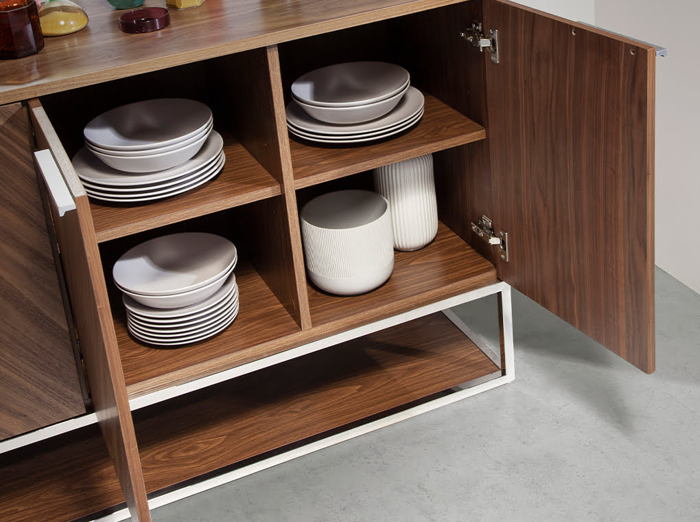 Walnut wood and chromed steel sideboard